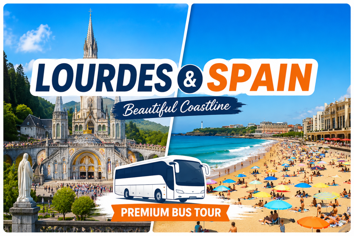 சுற்றுலா அழைத்து செல்கிறோம் 🚌 லூர்து மாதா & Spain அழகிய கடற்கரை — 1/1