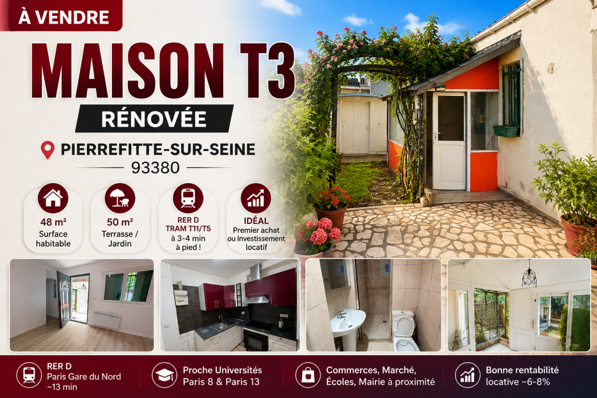 🏡 Paris அருகில் அழகான வீடு (Maison) T3 rénovée விற்பனைக்கு | 48m² + Terrasse — 1/4