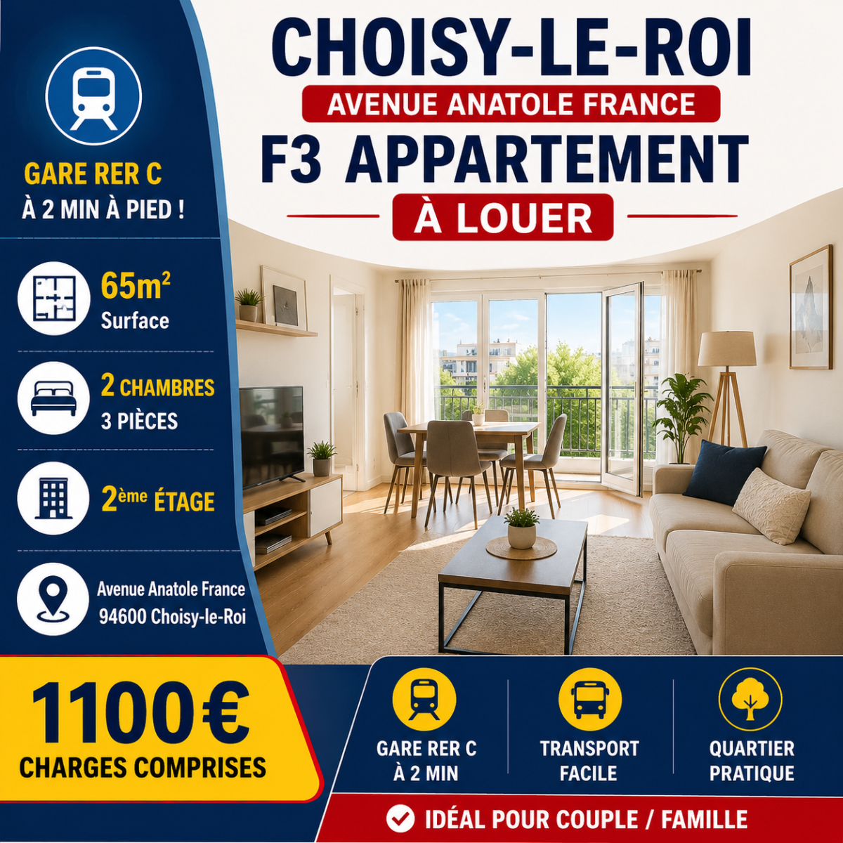 F3 வீடு வாடகைக்கு – Choisy-le-Roi Gare RER C 2 நிமிடம் — 1/1