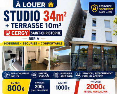 அழகான Studio Apartment வாடகைக்கு | Cergy Saint-Christophe (RER A) பகுதியில்